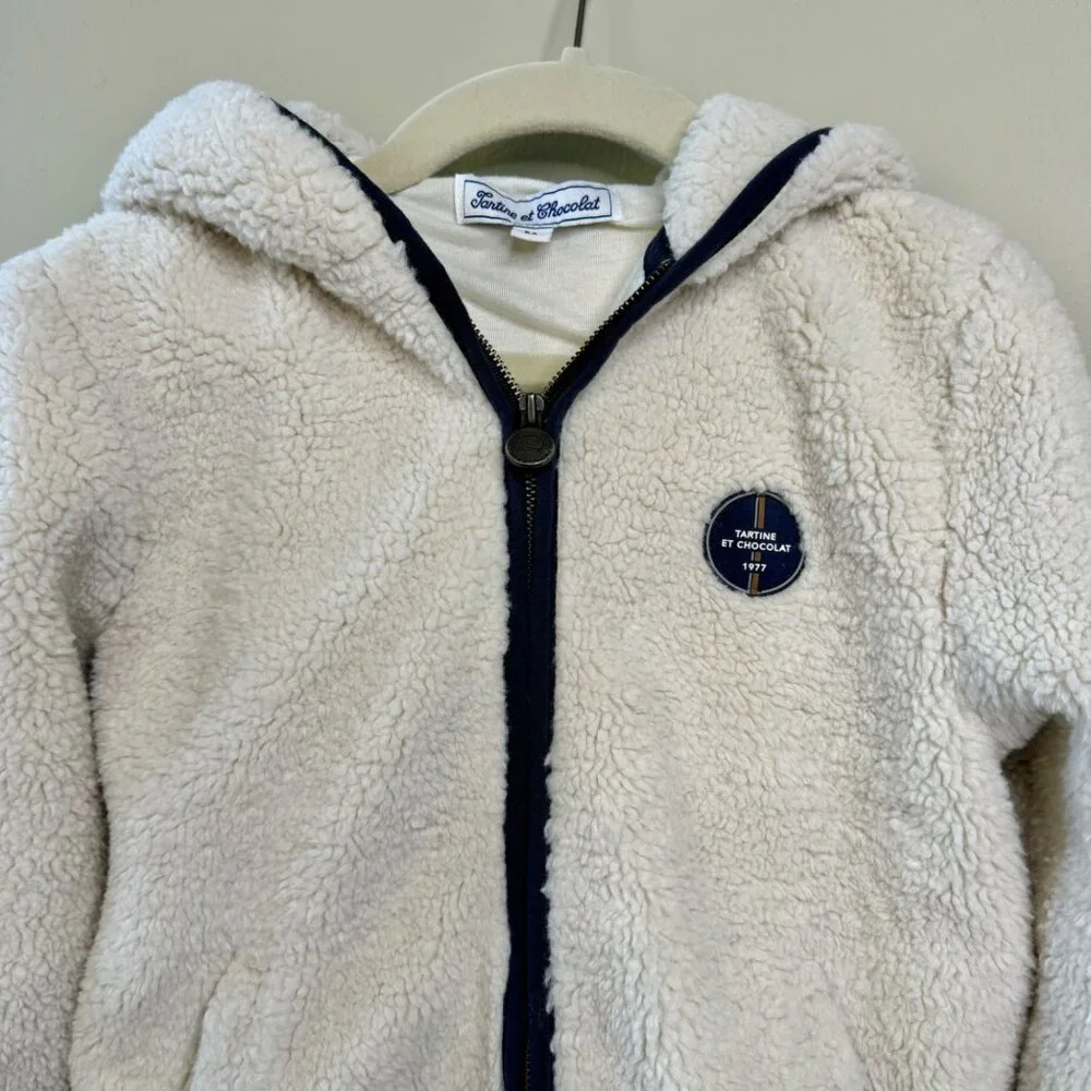 TARTINE ET CHOCOLAT Hooded Sherpa Jacket Boys 6 Cream/Blue Warm Winter Fleece - Picture 3 of 9